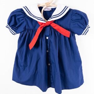 Vintage 90s Petit Ami Sailor Dress Kids 6M Navy Blue Nautical Red Bow